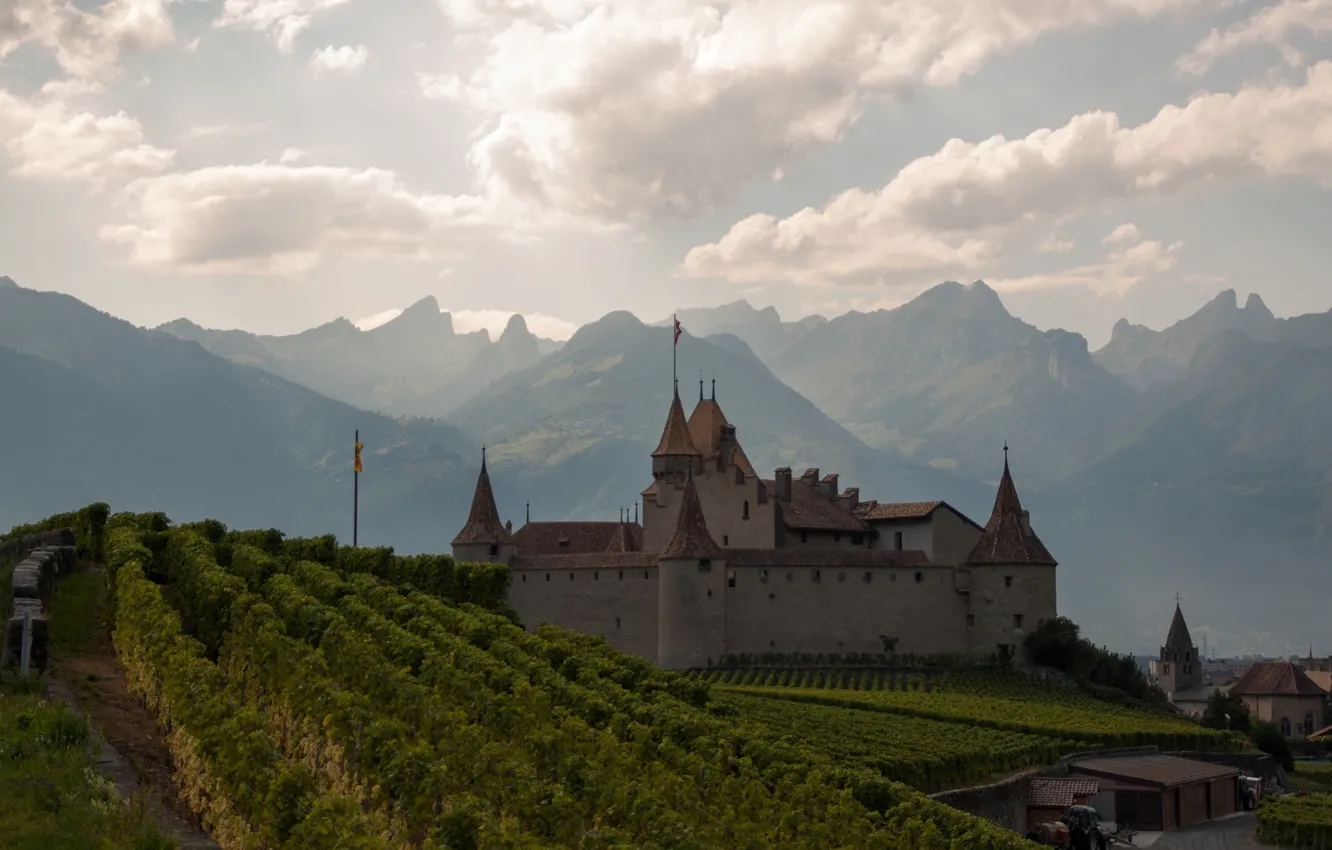 Photo wallpaper mountains, Switzerland, Alps, vineyard, Switzerland, Alps, Chateau d Aigle, Aigle Castle