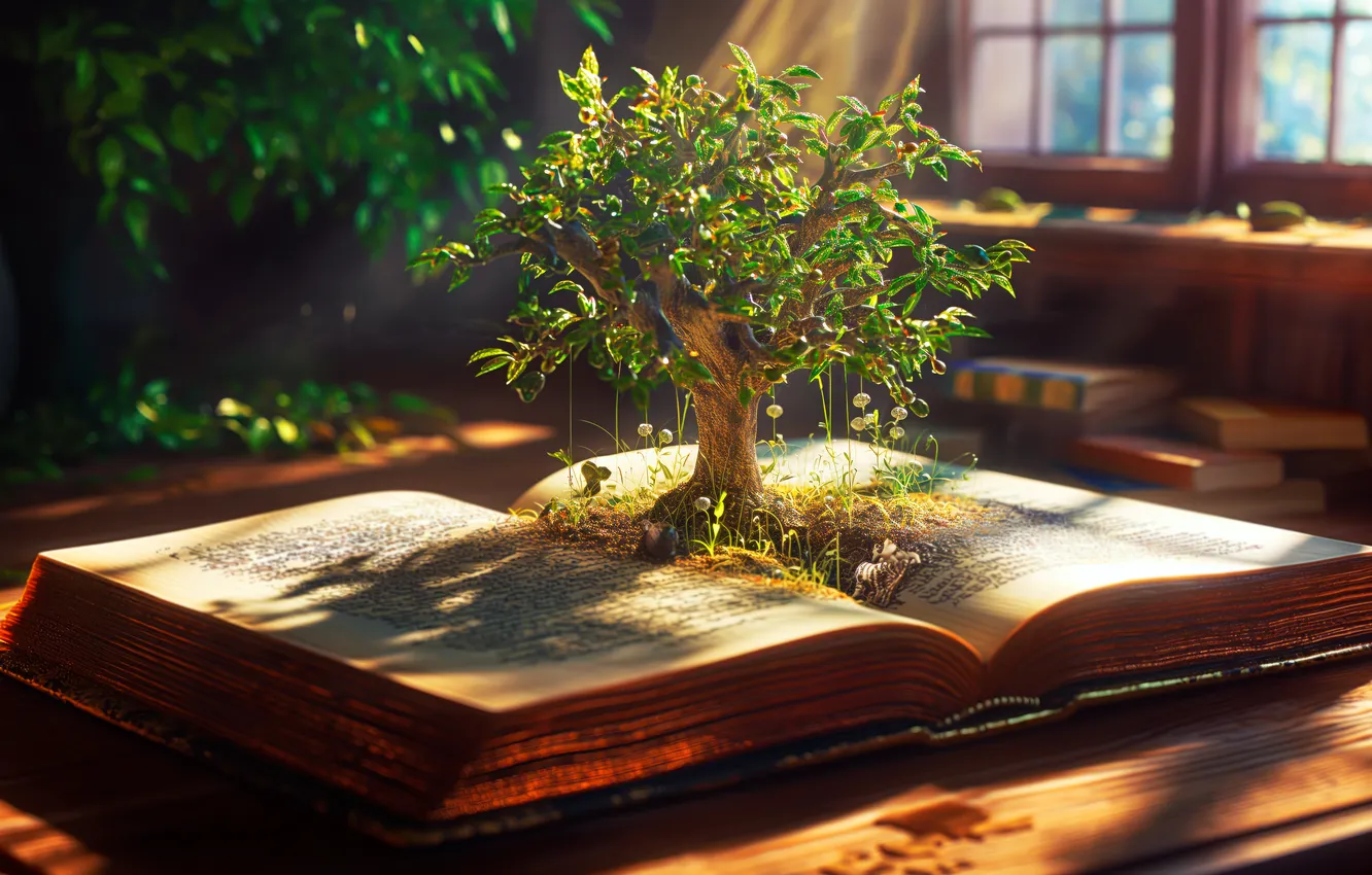 Photo wallpaper trees, digital art, plants, books, AI Art