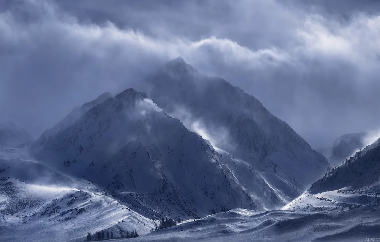 Photo wallpaper winter, clouds, snow, mountains