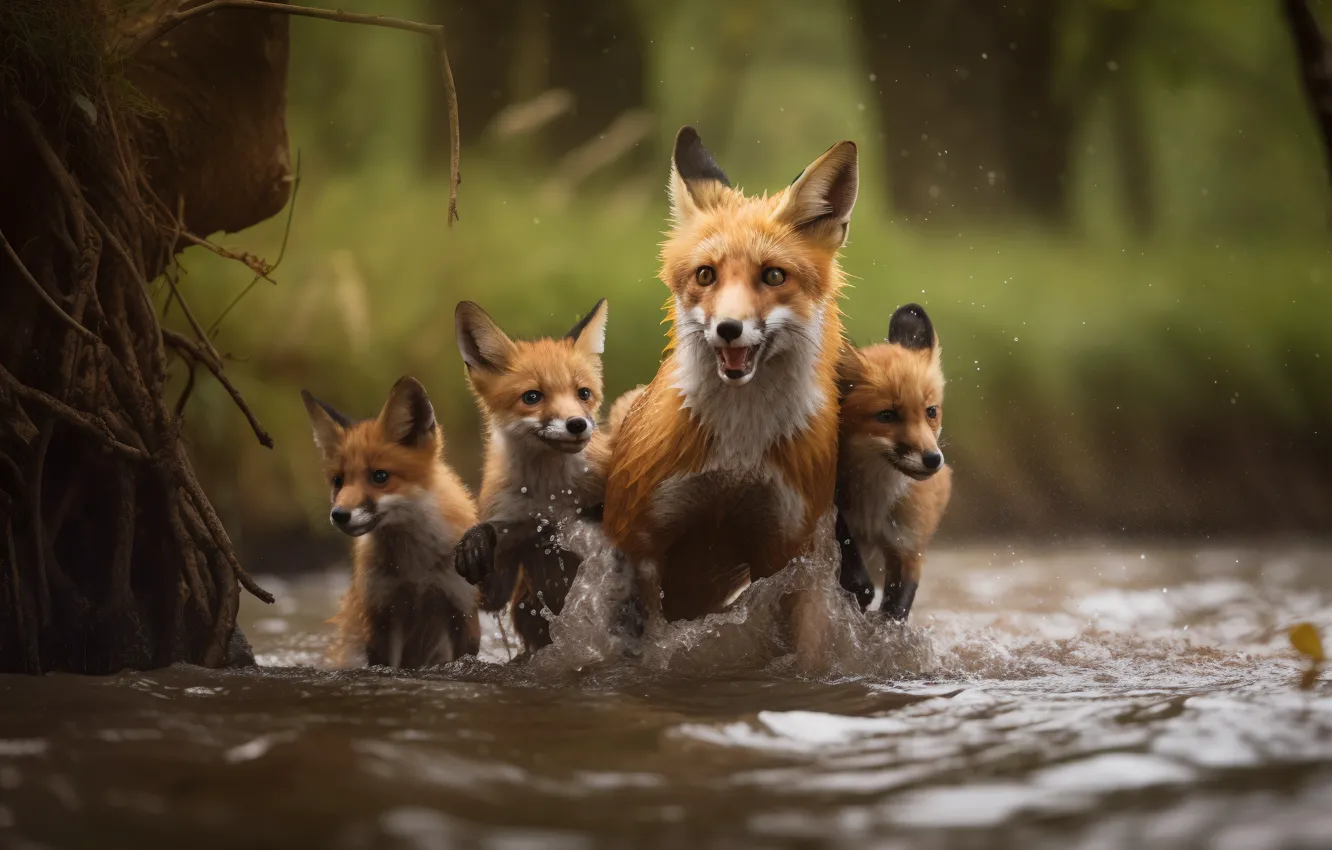 Photo wallpaper nature, bathing, Fox, Fox, pond, mother, Fox, digital art
