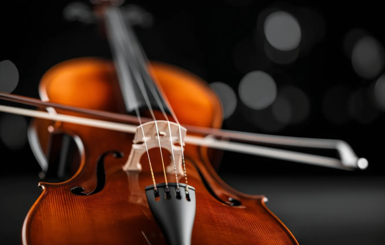 Photo wallpaper music, violin, blur, black background, musical instrument, bokeh, AI art, neural network