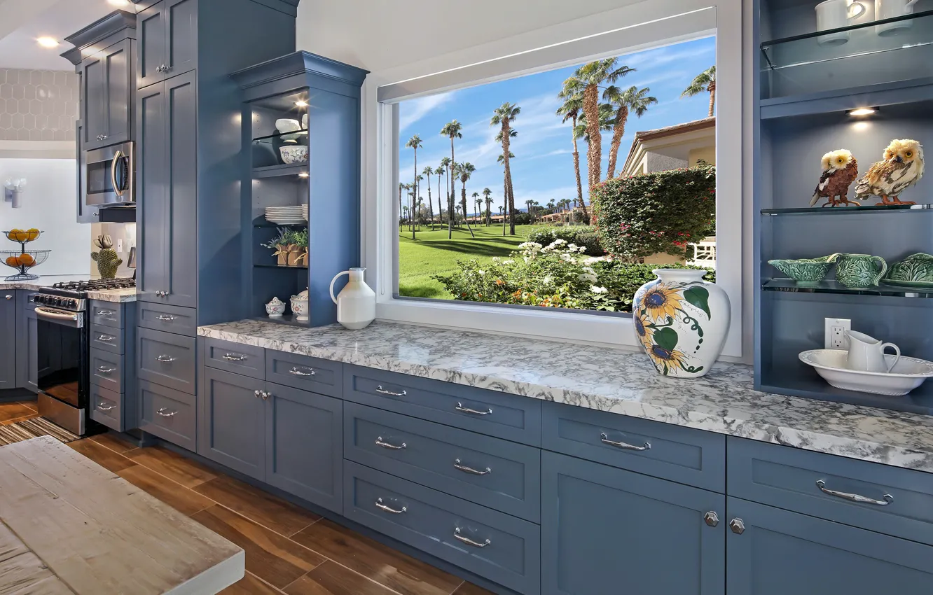Photo wallpaper window, kitchen, cabinets