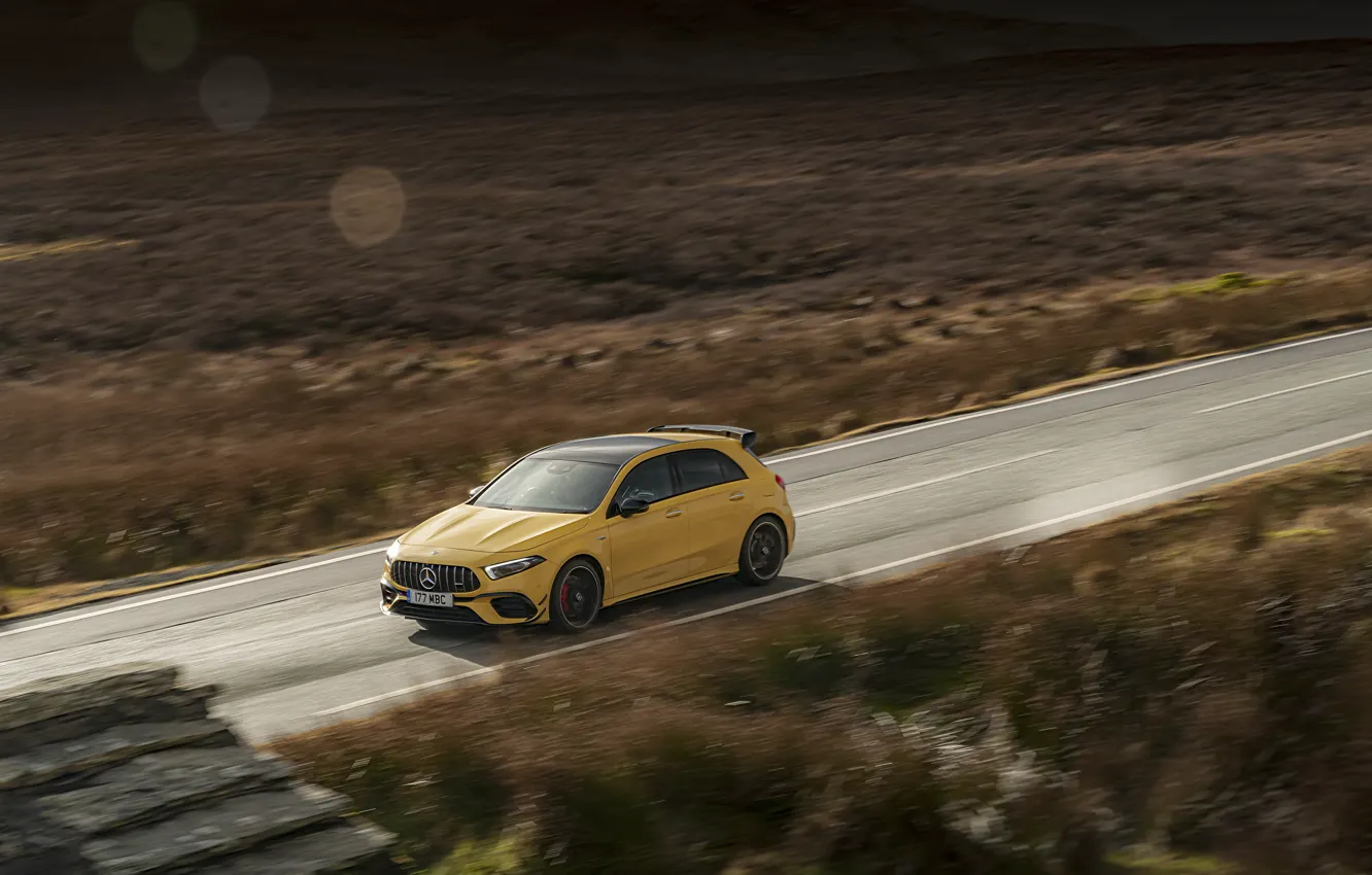 Photo wallpaper road, Mercedes-Benz, speed, AMG, hatchback, UK-spec, 2020, 4MATIC+