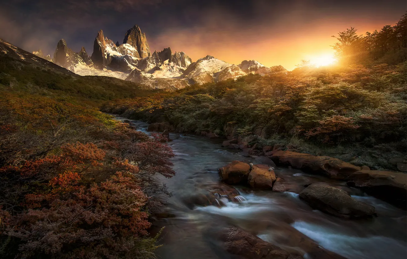 Photo wallpaper mountains, river, morning