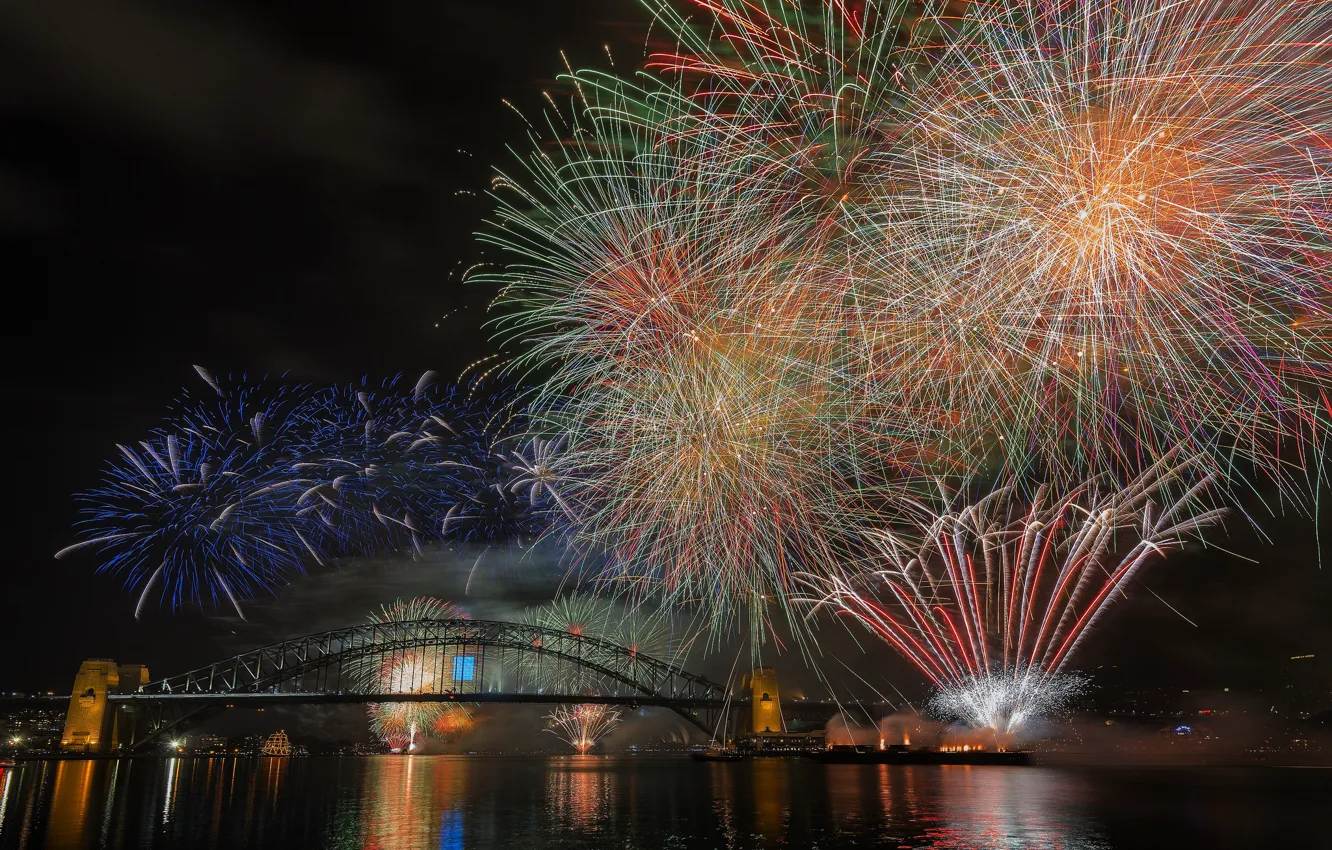 Photo wallpaper night, bridge, lights, Australia, Sydney, fireworks, Harbour Bridge, 2015