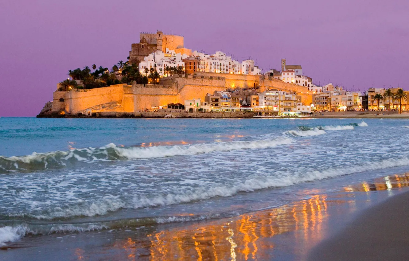 Photo wallpaper sea, the sky, lights, wall, home, the evening, fortress, Spain