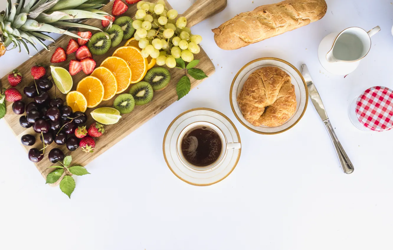 Photo wallpaper Breakfast, milk, bread, fruit, cakes, jam, bread, breakfast