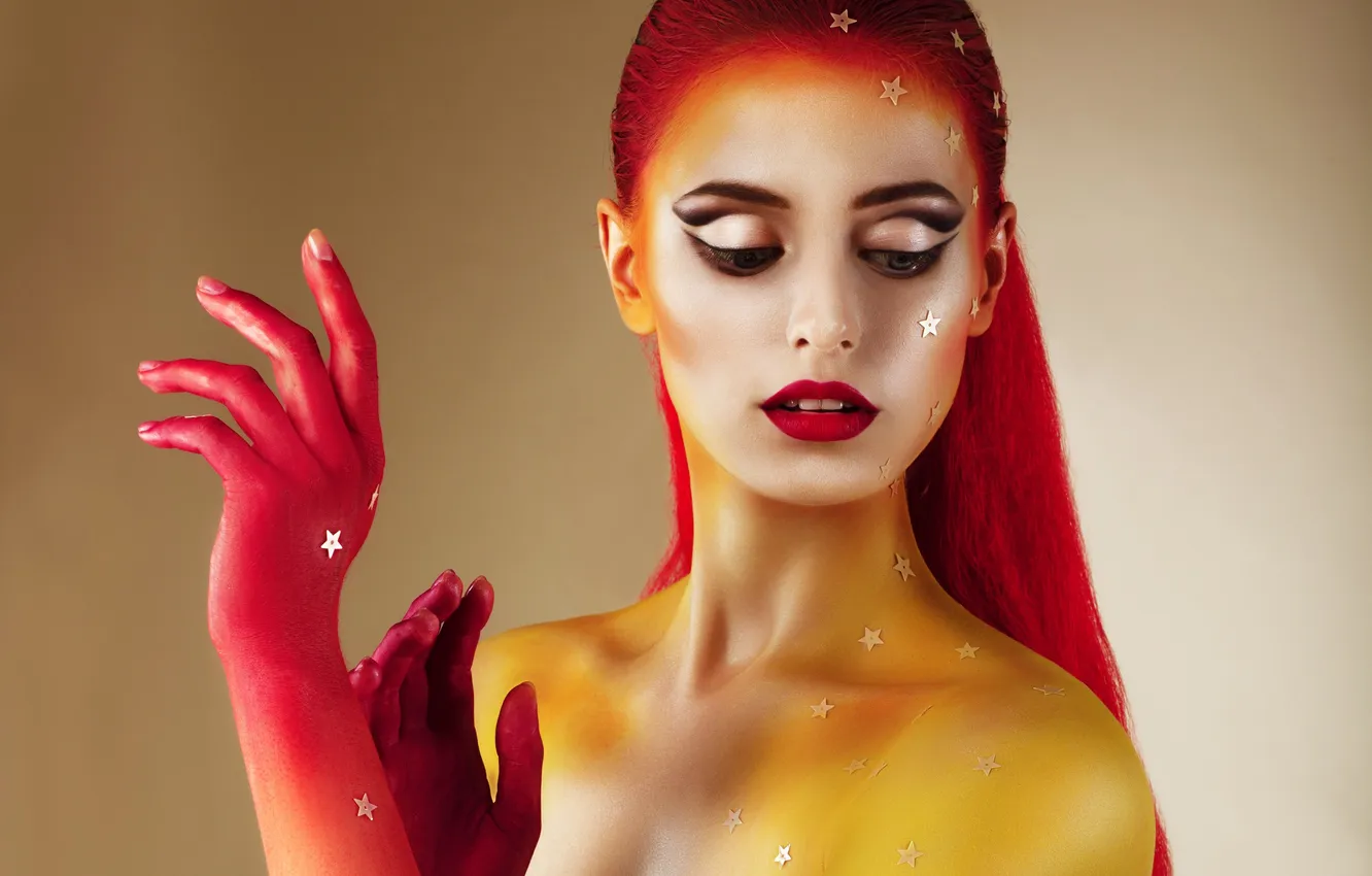 Photo wallpaper girl, eyelashes, model, hands, makeup, red hair