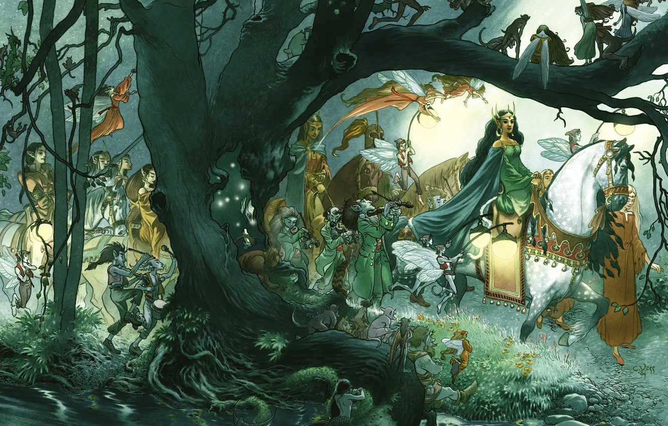 Photo wallpaper forest, trees, horse, queen, winged creatures