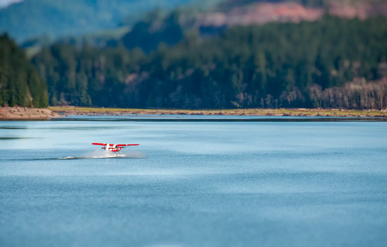 Photo wallpaper mountains, lake, bokeh, plane, floatplane