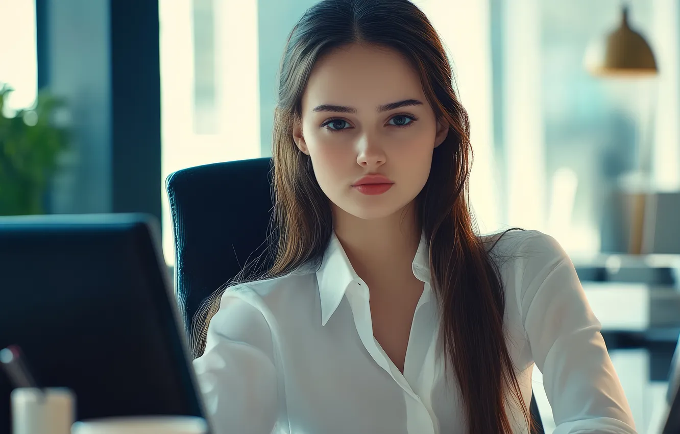 Photo wallpaper girl, light, table, work, chair, makeup, brunette, window