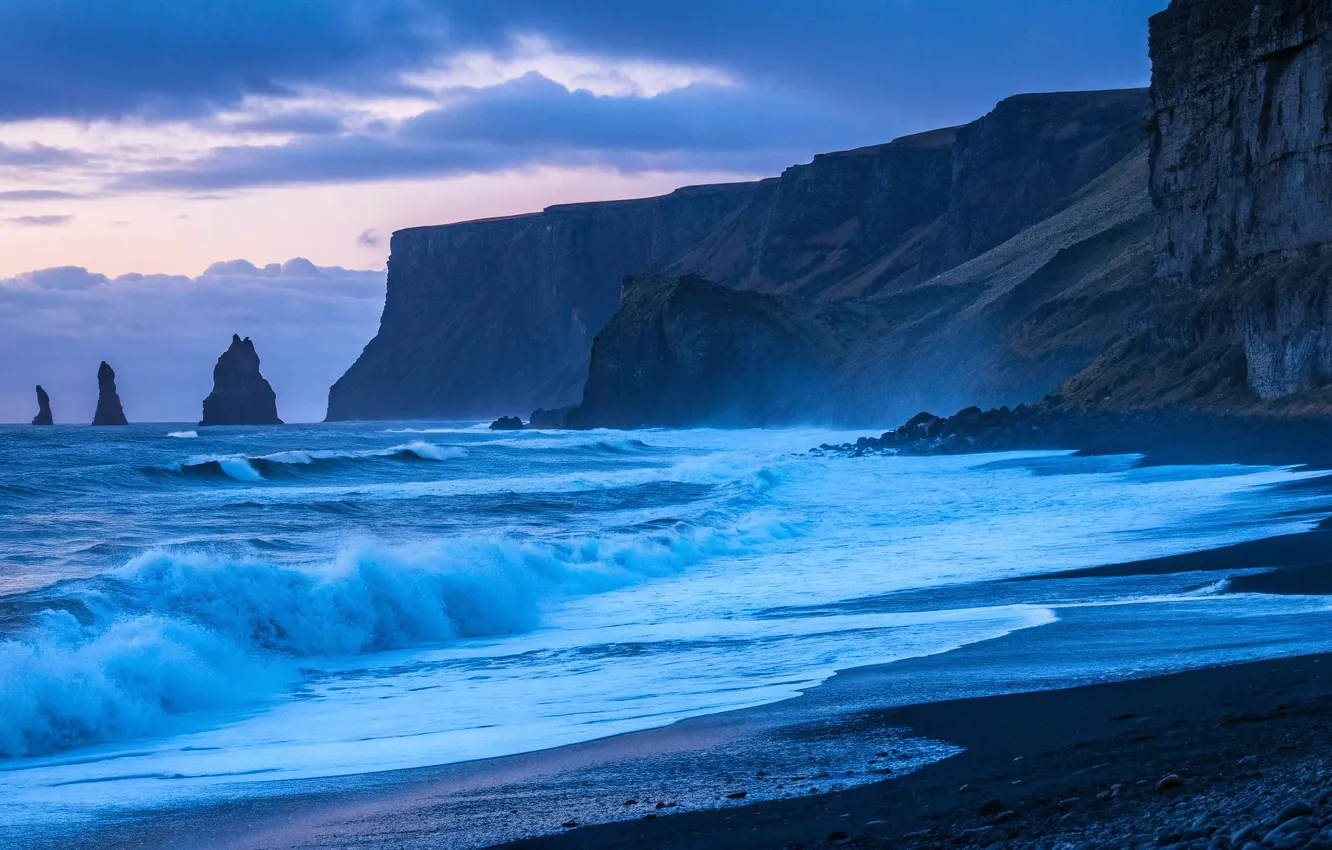 Photo wallpaper sand, sea, wave, beach, the sky, clouds, mountains, fog