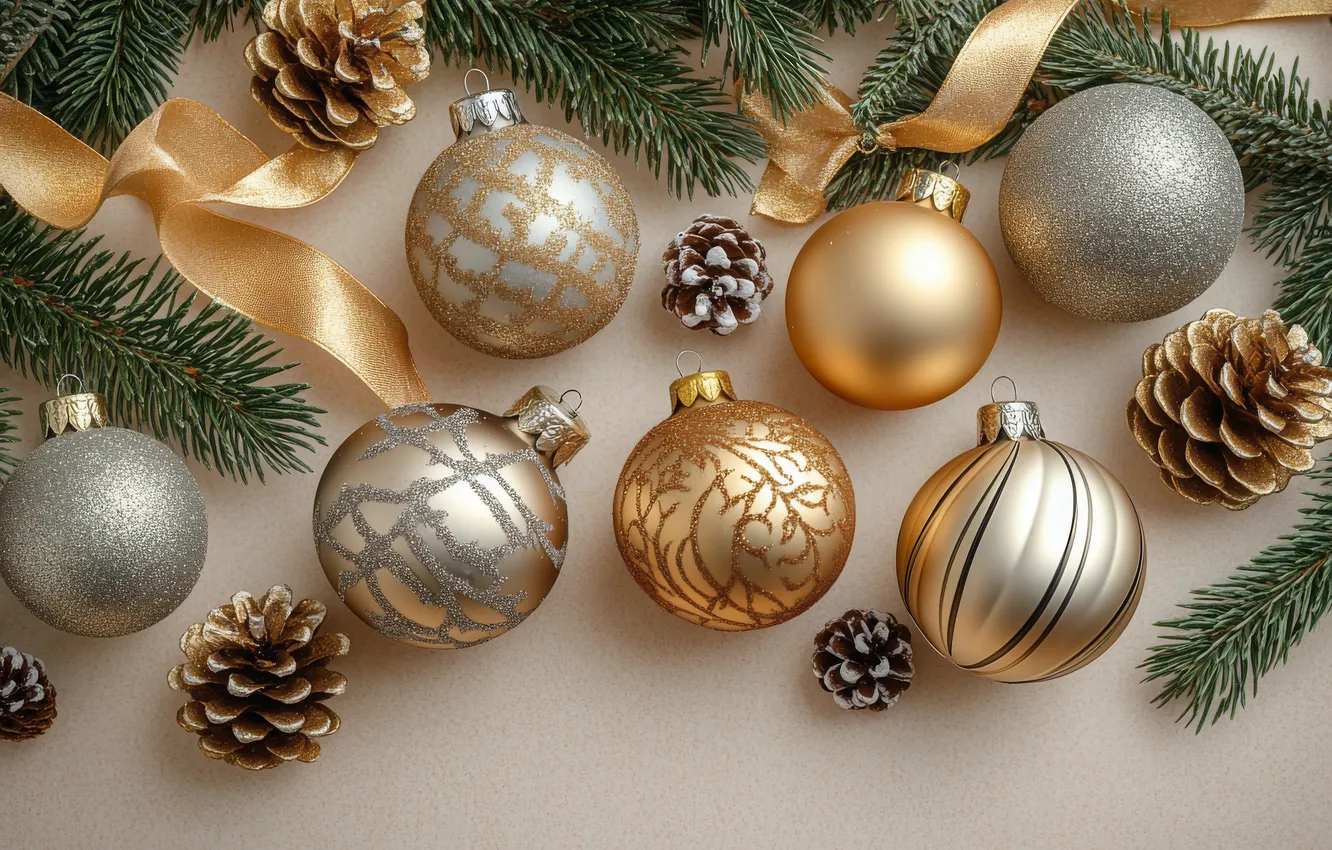 Photo wallpaper balls, branches, new year, Christmas, tape, gold, gold plated, needles