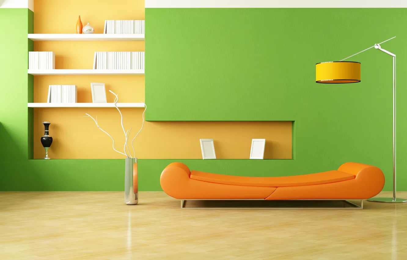 Photo wallpaper orange, design, style, room, sofa, lamp, interior, minimalism