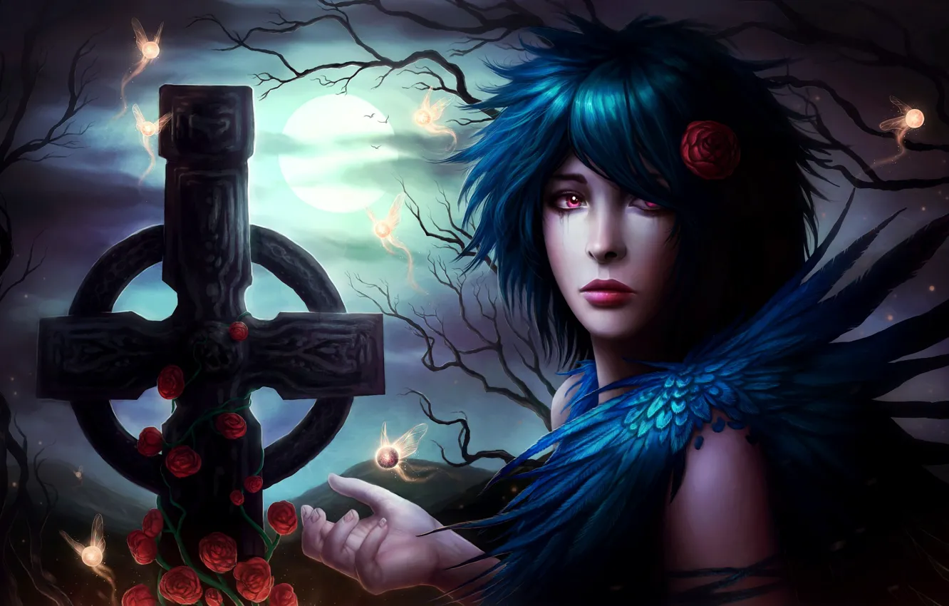 Photo wallpaper the sky, girl, clouds, flowers, branch, the moon, cross, tears