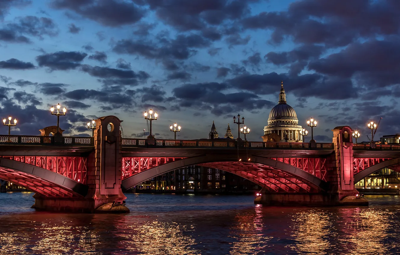 Photo wallpaper clouds, bridge, lights, river, England, London, Thames, St. Paul's Cathedral
