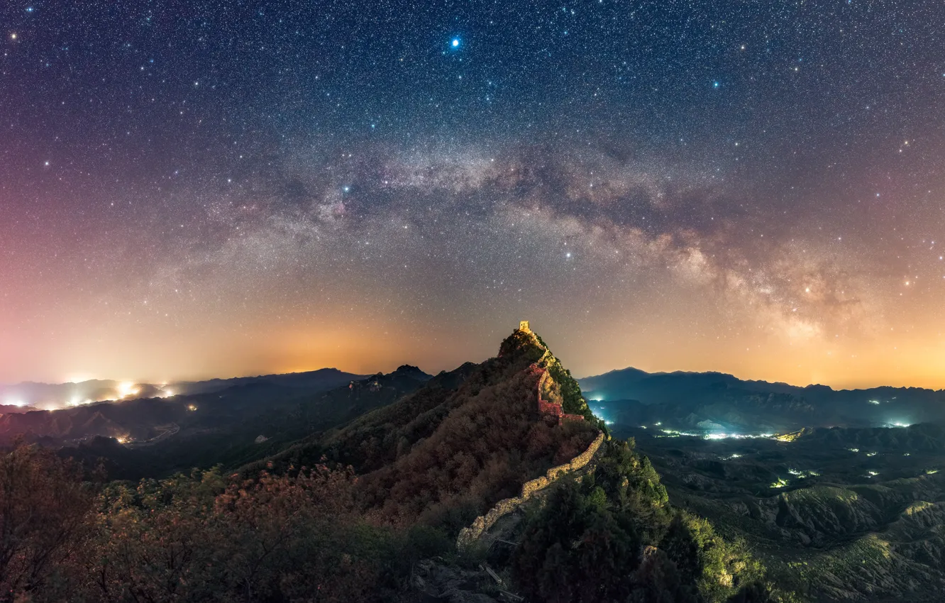 Photo wallpaper the sky, stars, landscape, mountains, night, the milky way, wall