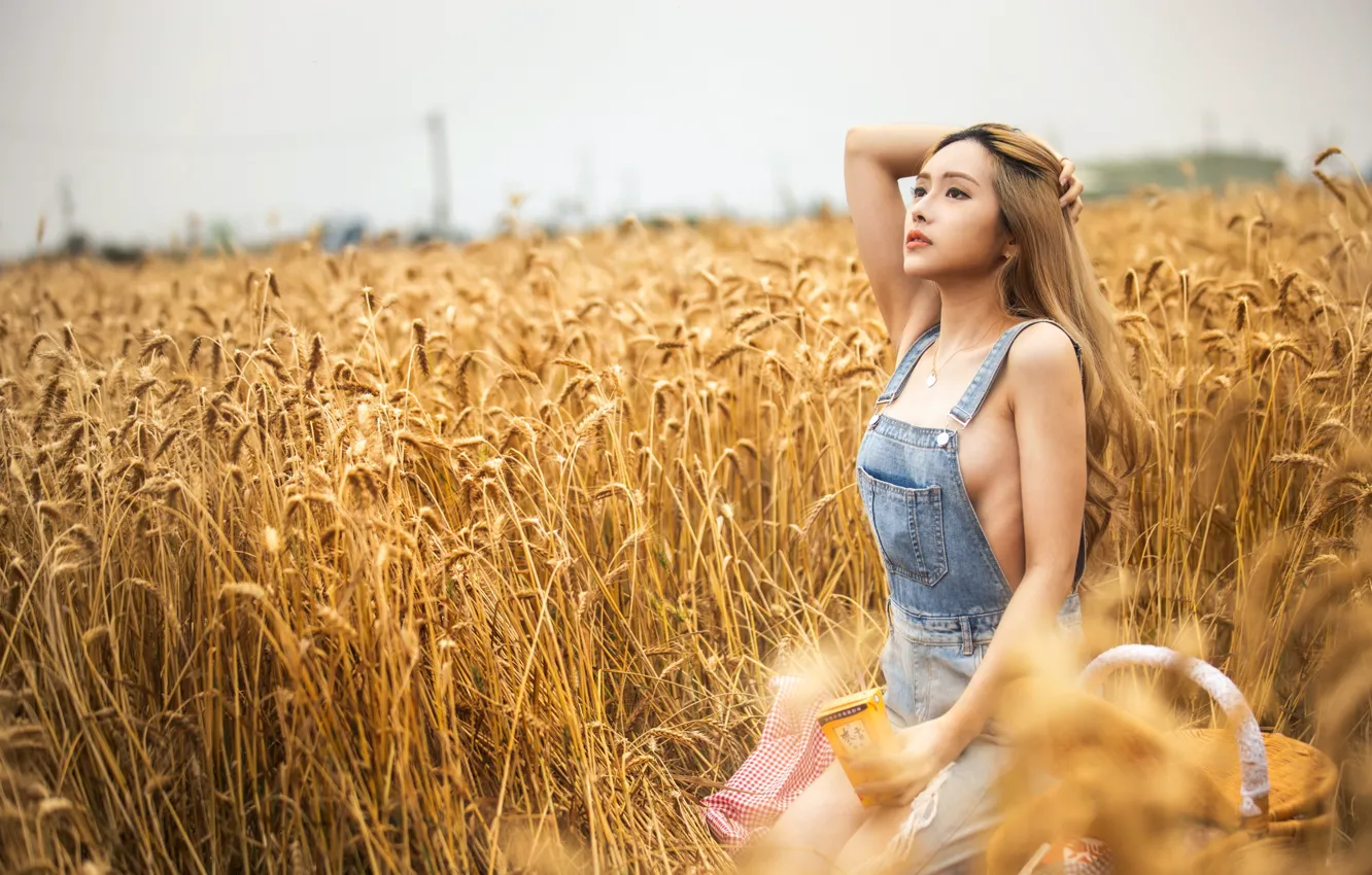 Photo wallpaper girl, field, photo, model, lips, Denim, blonde, asian