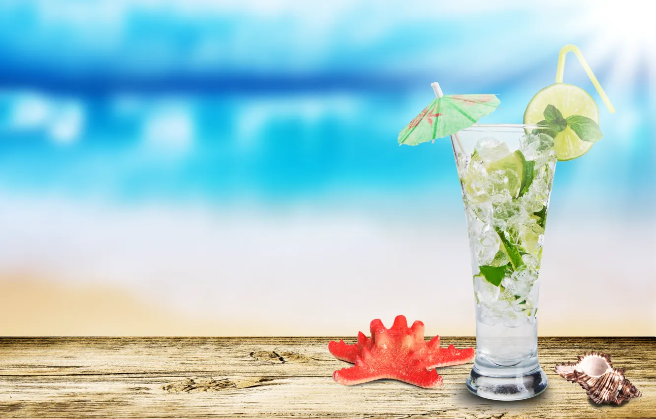 Photo wallpaper glass, shell, starfish, Mojito