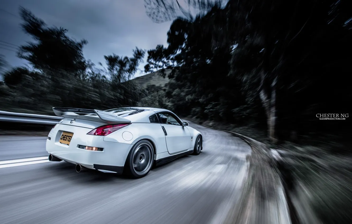 Photo wallpaper road, forest, tuning, speed, nissan, spoiler, 350z, road