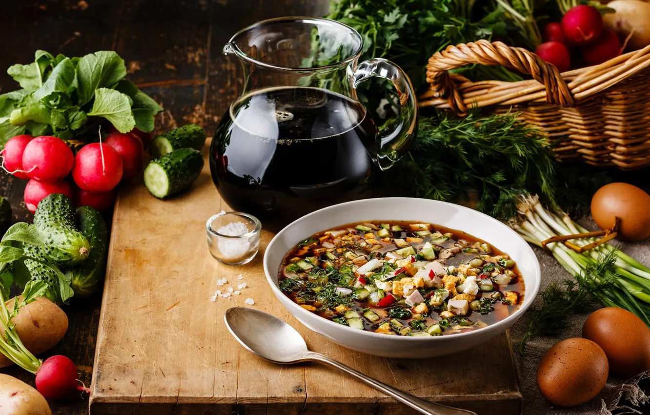 Photo wallpaper eggs, bow, dill, spoon, parsley, cucumbers, brew, salt