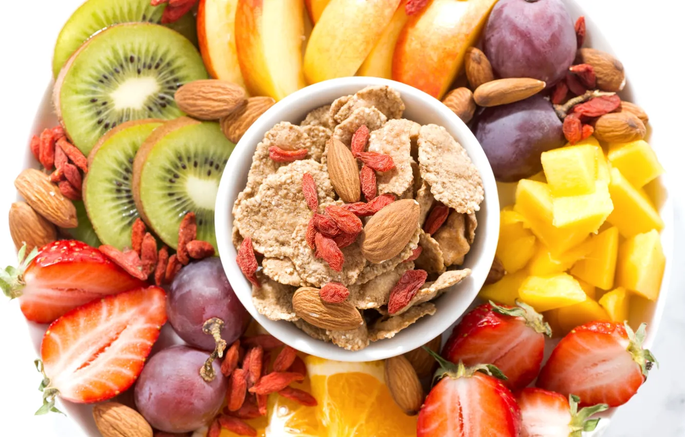 Photo wallpaper orange, kiwi, strawberry, grapes, fruit, mango, nuts, cereal