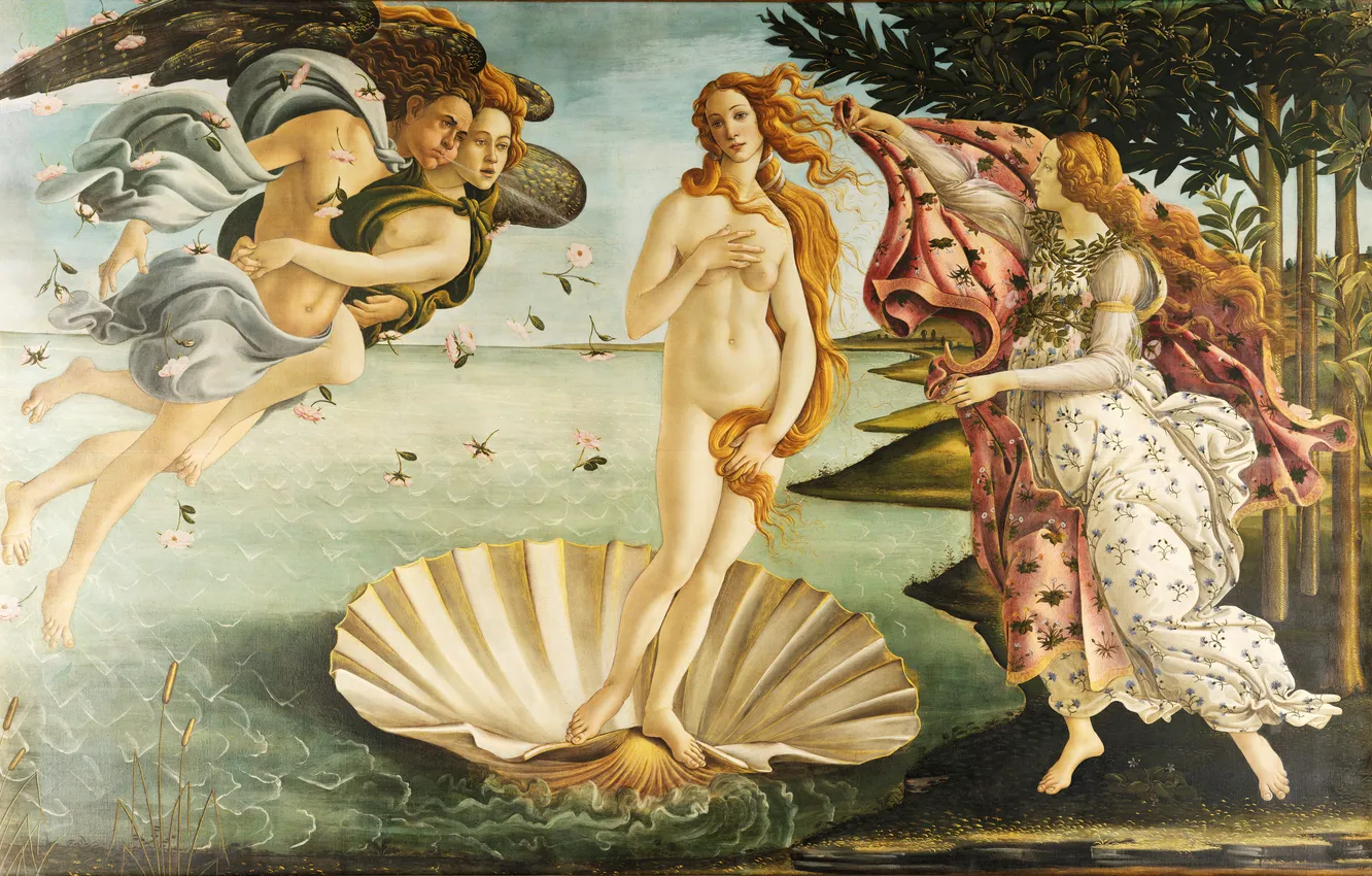 Photo wallpaper girl, picture, Venus, naked, The Birth Of Venus, mythology, Sandro Botticelli, Sandro Botticelli