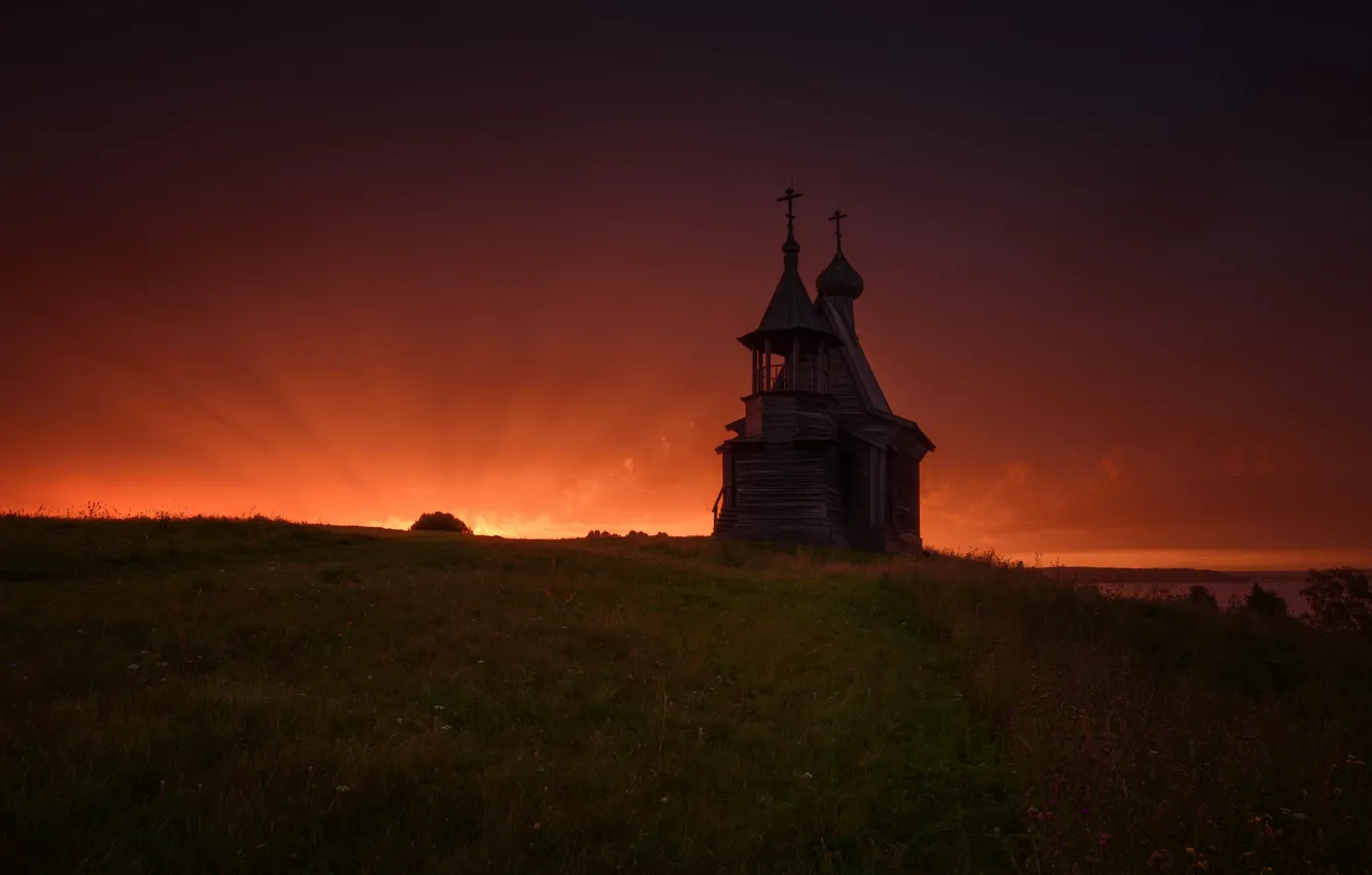 Photo wallpaper field, sunset, Church, wooden architecture