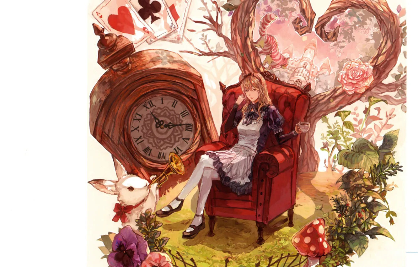 Photo wallpaper card, cat, leaves, watch, chair, mushroom, rabbit, pipe
