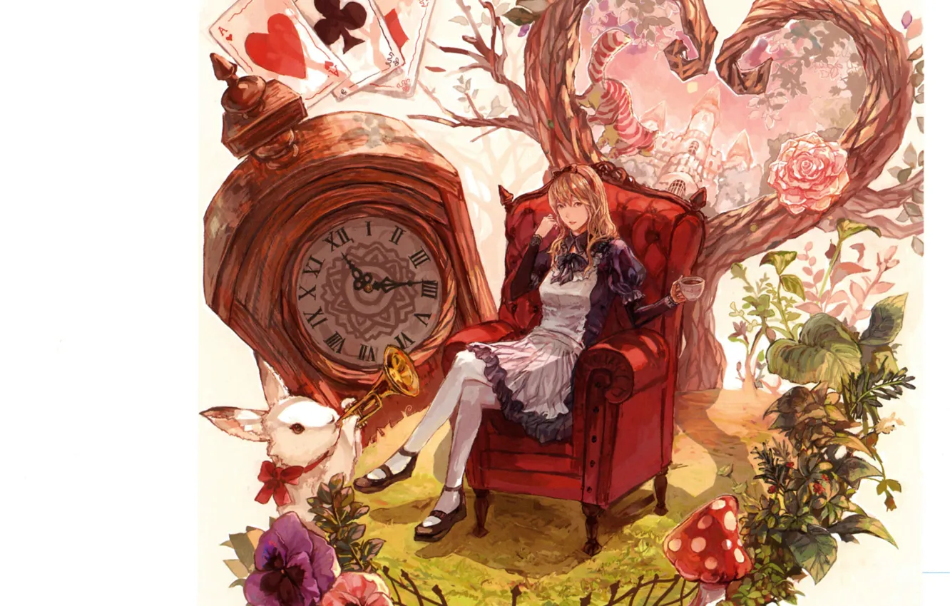 Photo wallpaper cat, leaves, watch, map, chair, mushroom, rabbit, pipe