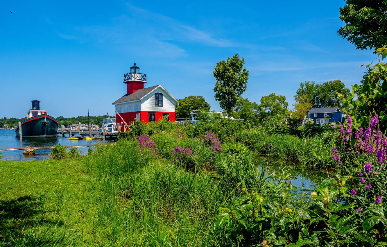 Photo wallpaper nature, lighthouse, ship, Michigan, USA, Allegan