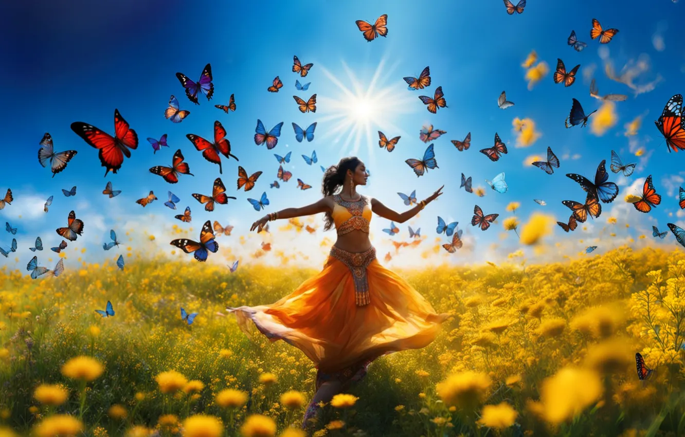 Photo wallpaper field, summer, girl, landscape, flowers, nature, butterfly, dance