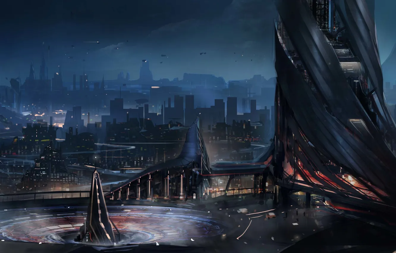 Photo wallpaper night, the city, lights, future, art, megapolis, Min Kim