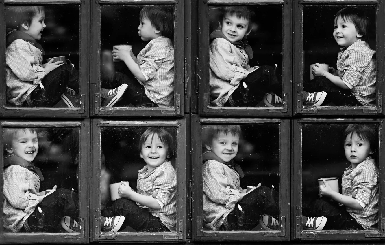 Photo wallpaper children, emotions, laughter, window, smile
