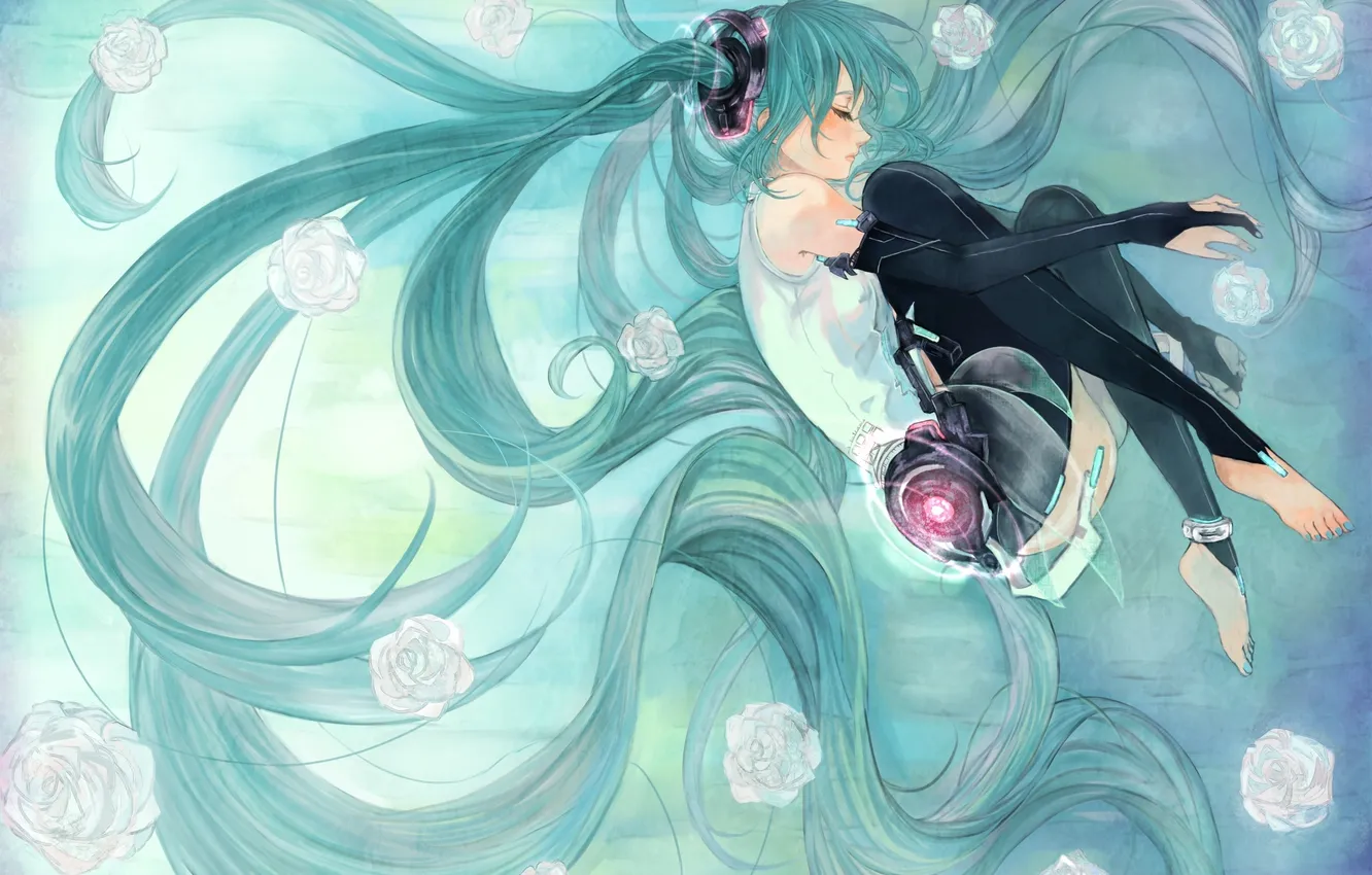 Photo wallpaper girl, flowers, roses, art, vocaloid, hatsune miku, Vocaloid, miku append