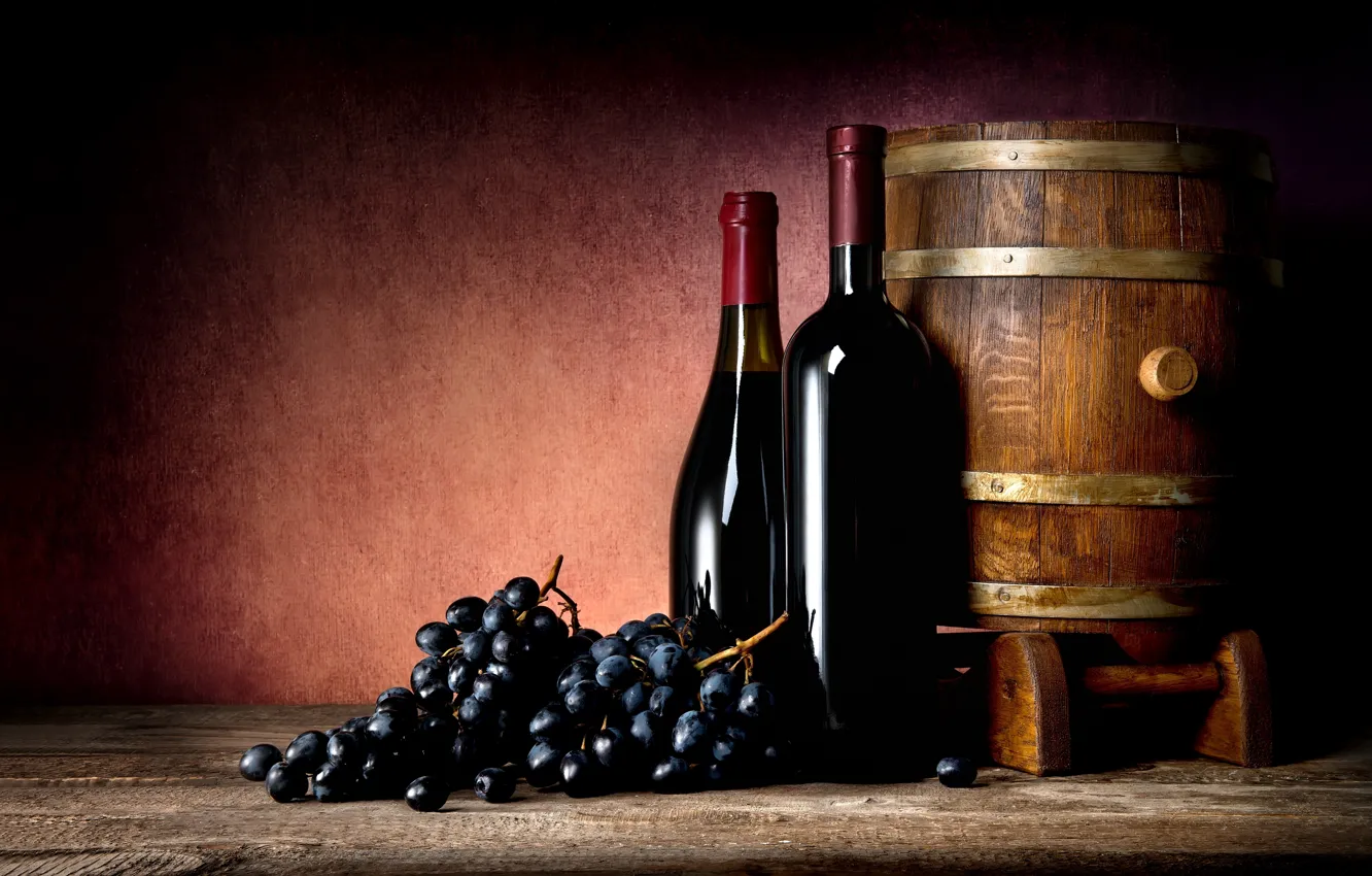 Photo wallpaper wine, black, grapes, bottle, barrel