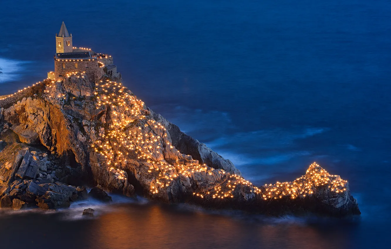 Photo wallpaper lights, rocks, Italy, Church, Italy, Liguria, Liguria, Portovenere