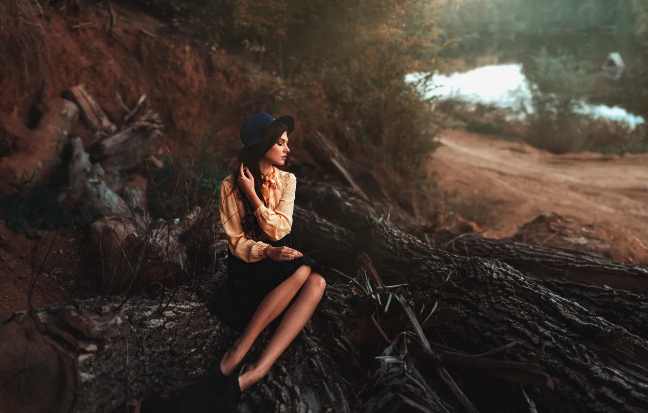 Photo wallpaper forest, girl, trees, river, feelings, skirt, portrait, hat