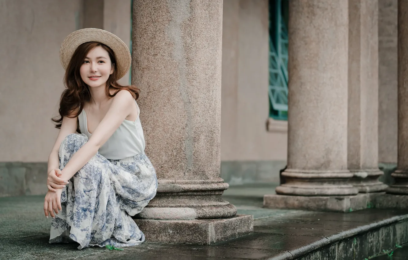 Photo wallpaper girl, hat, Asian, sitting, cutie