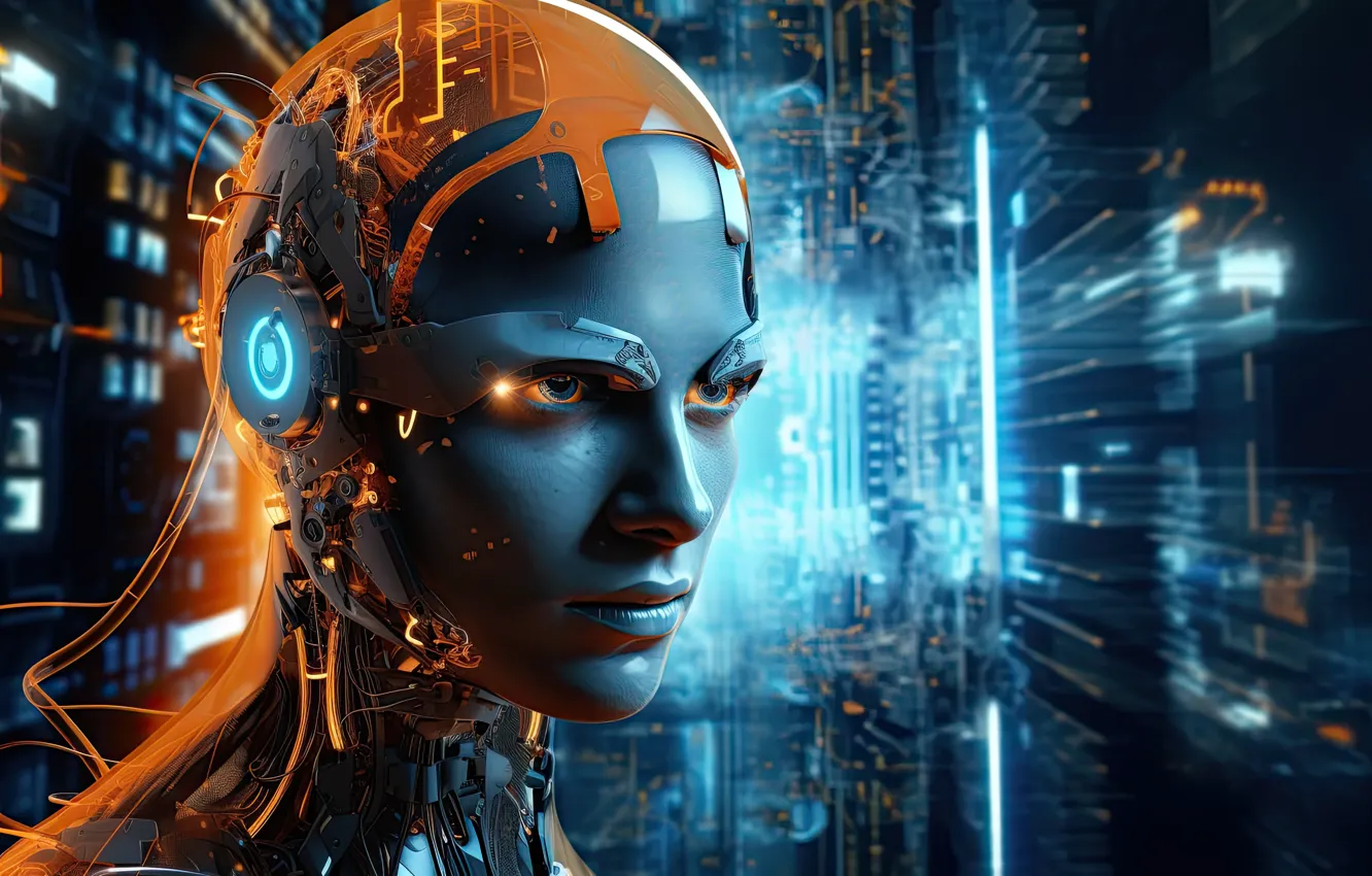 Photo wallpaper machine, face, wire, robot, head, cyborg, mechanisms, the futuristic