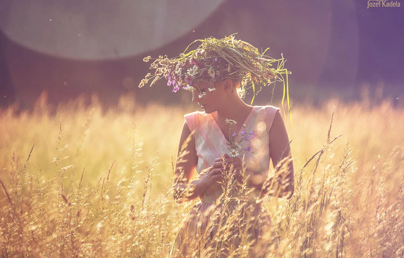 Photo wallpaper field, summer, girl, beauty, wreath, photographer, Josef Kadela