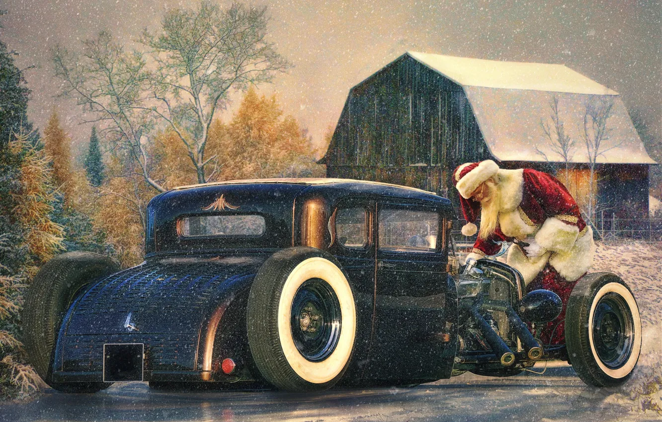 Photo wallpaper auto, holiday, Santa Claus, Santa Claus, Hot rod