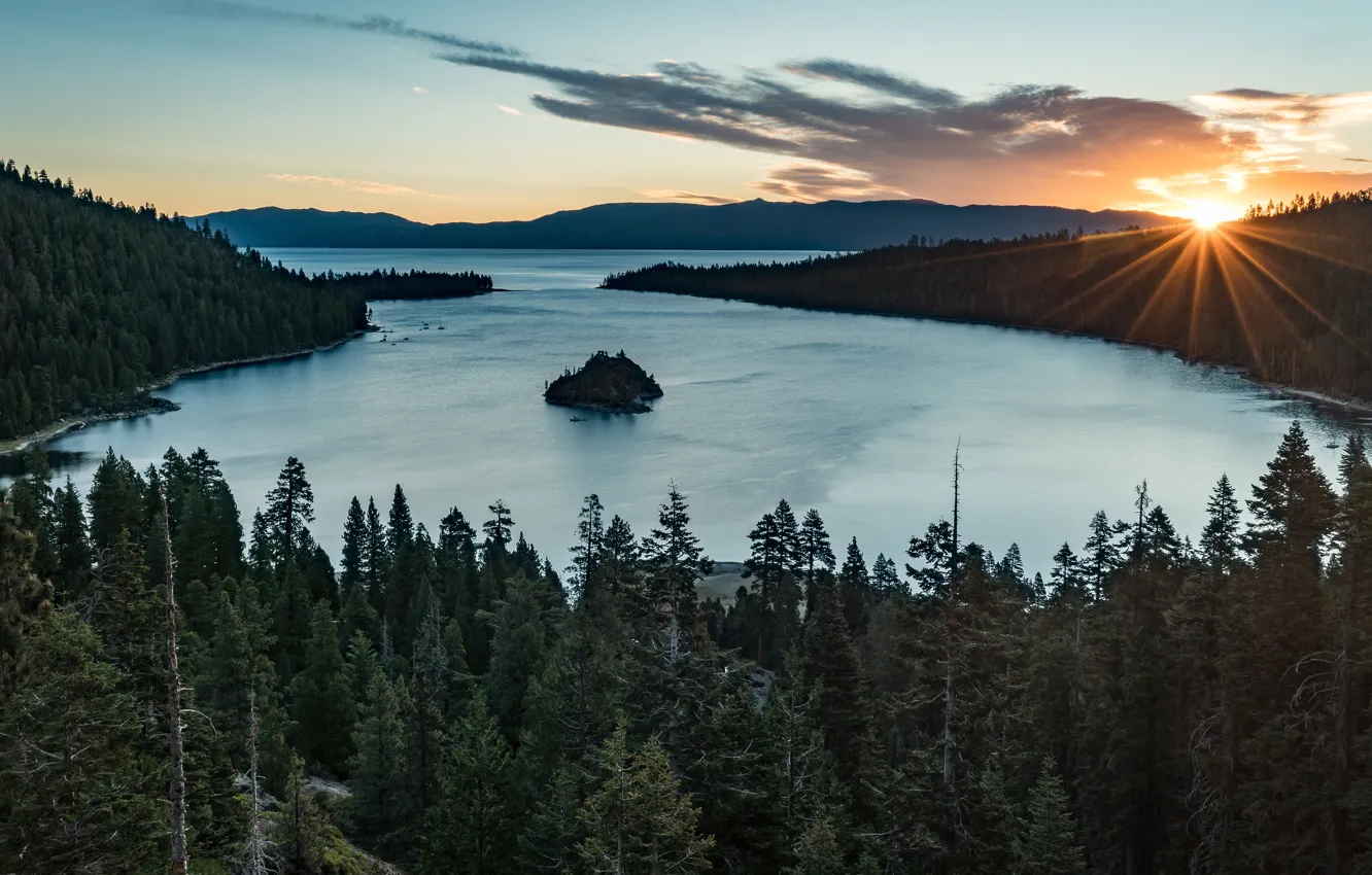 Photo wallpaper forest, the sky, water, the sun, clouds, rays, light, sunset