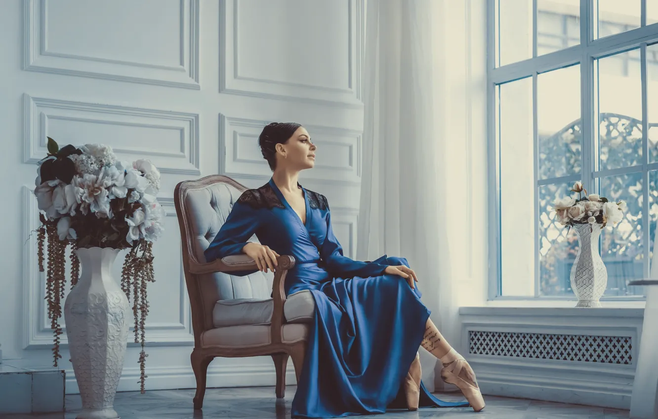 Photo wallpaper girl, flowers, pose, chair, dress, window, ballerina, sitting