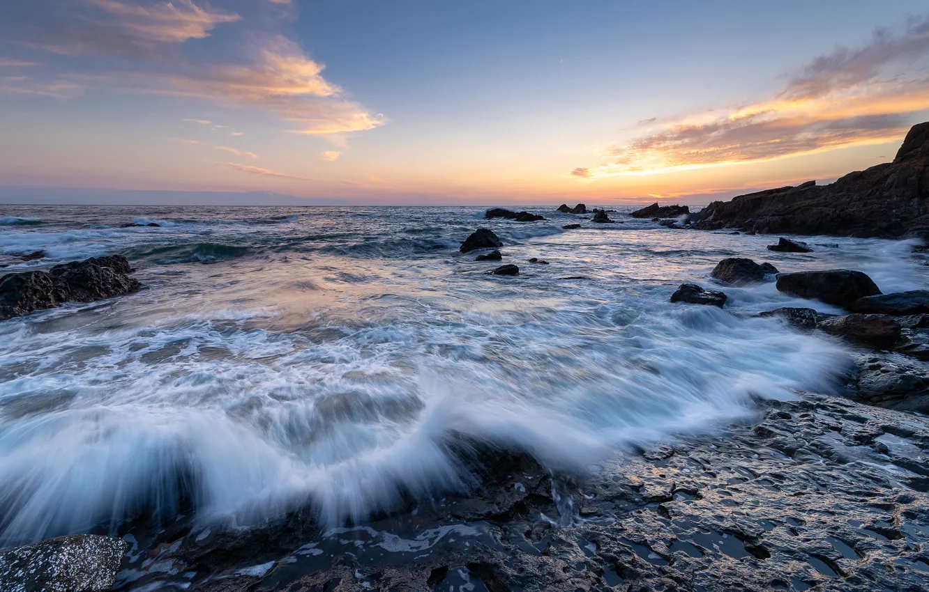 Photo wallpaper sea, wave, beach, the sky, clouds, stones, rocks, shore