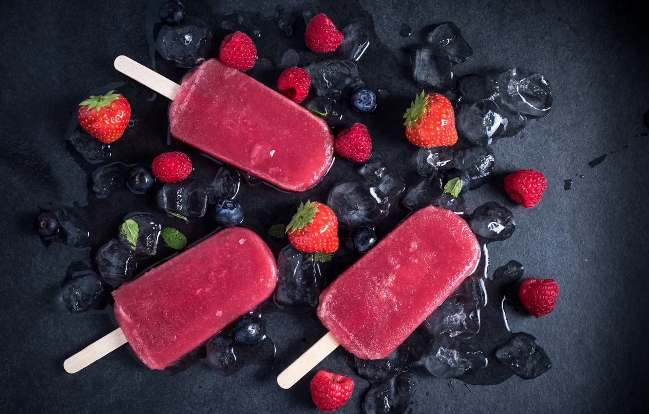 Photo wallpaper berries, raspberry, ice, strawberry, ice cream, dessert