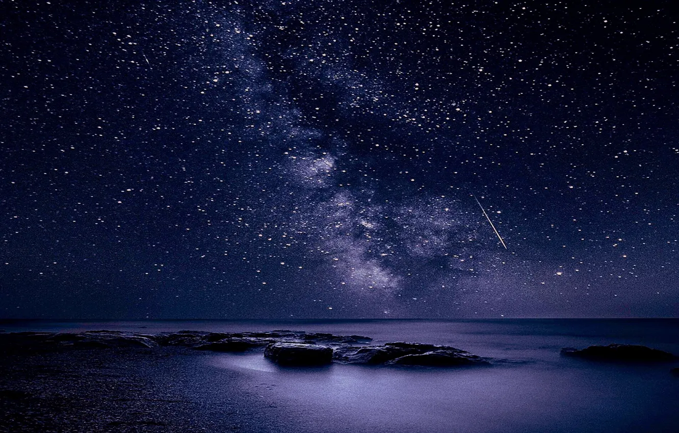 Photo wallpaper sea, the sky, stars, night, milky way