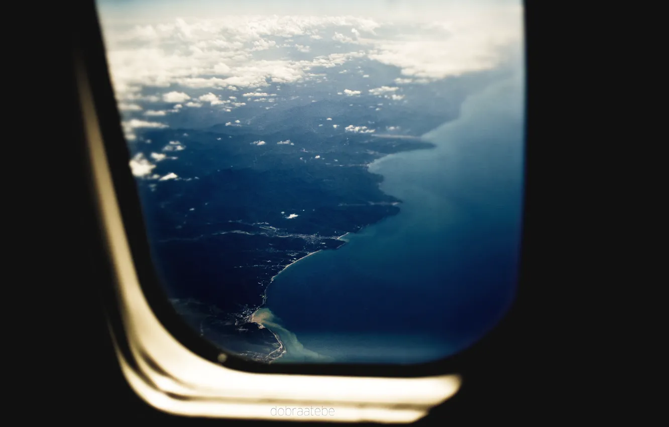 Photo wallpaper sea, clouds, shore, window, the plane, dobraatebe