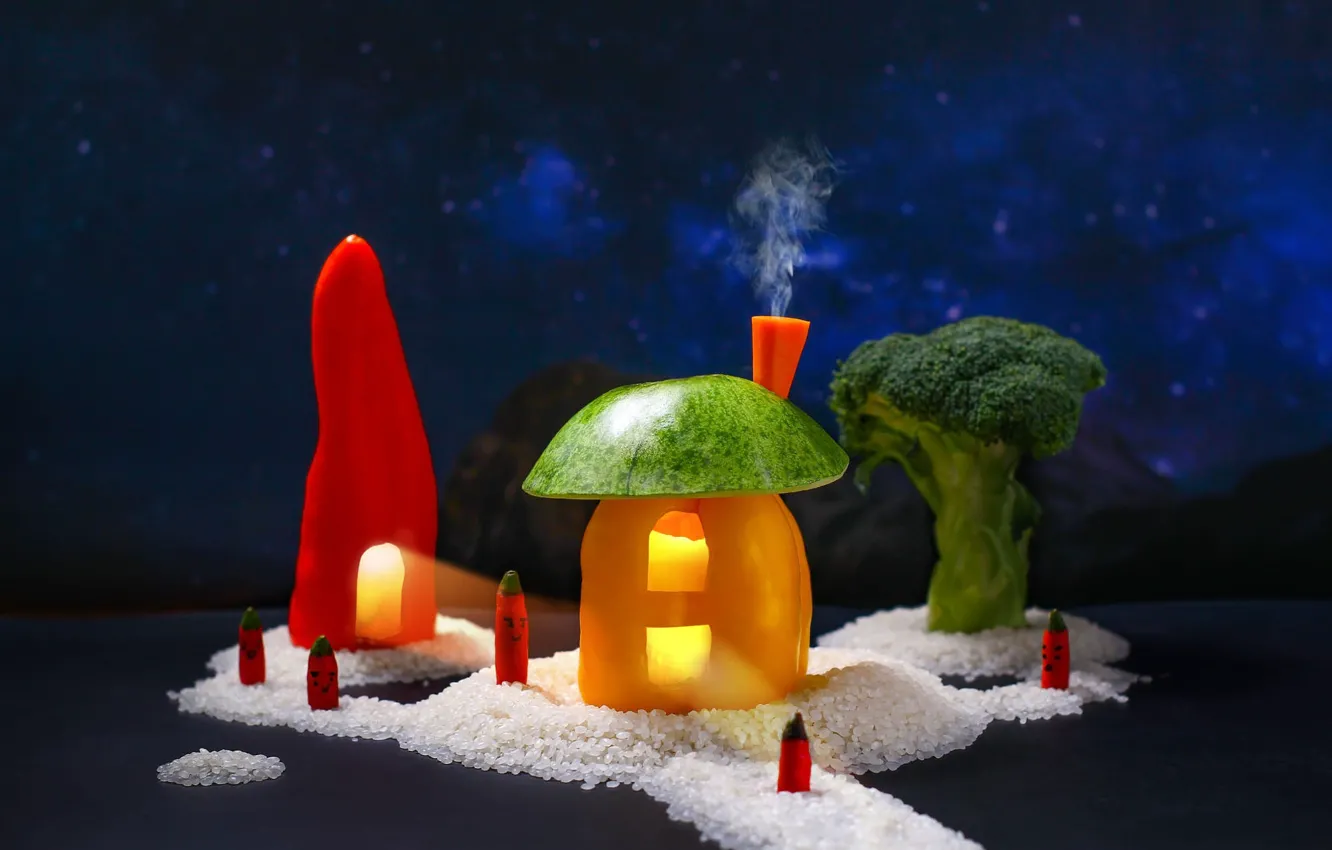 Photo wallpaper roof, stars, light, snow, trees, mountains, night, yellow