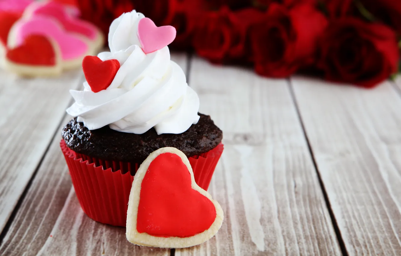Photo wallpaper holiday, cake, cake, Valentine's day, wood, Valentine's Day, cupcake, sweets